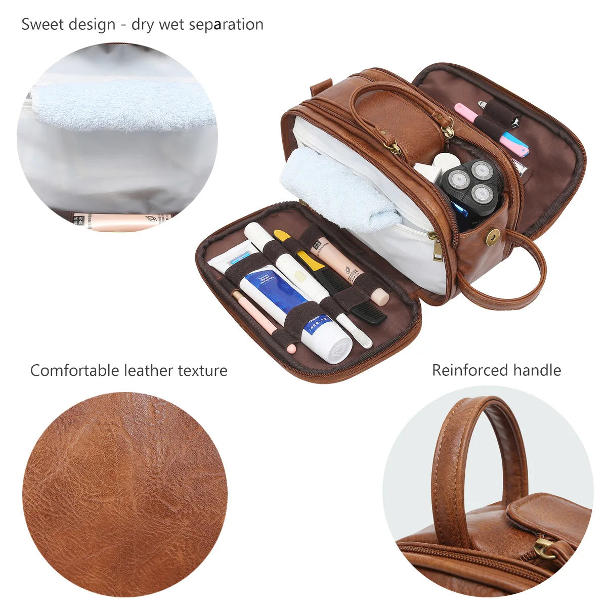 Toiletry Bag for Men, Large Travel Shaving Dopp Kit Water-resistant Bathroom Toiletries Organizer PU Leather Cosmetic Bags.