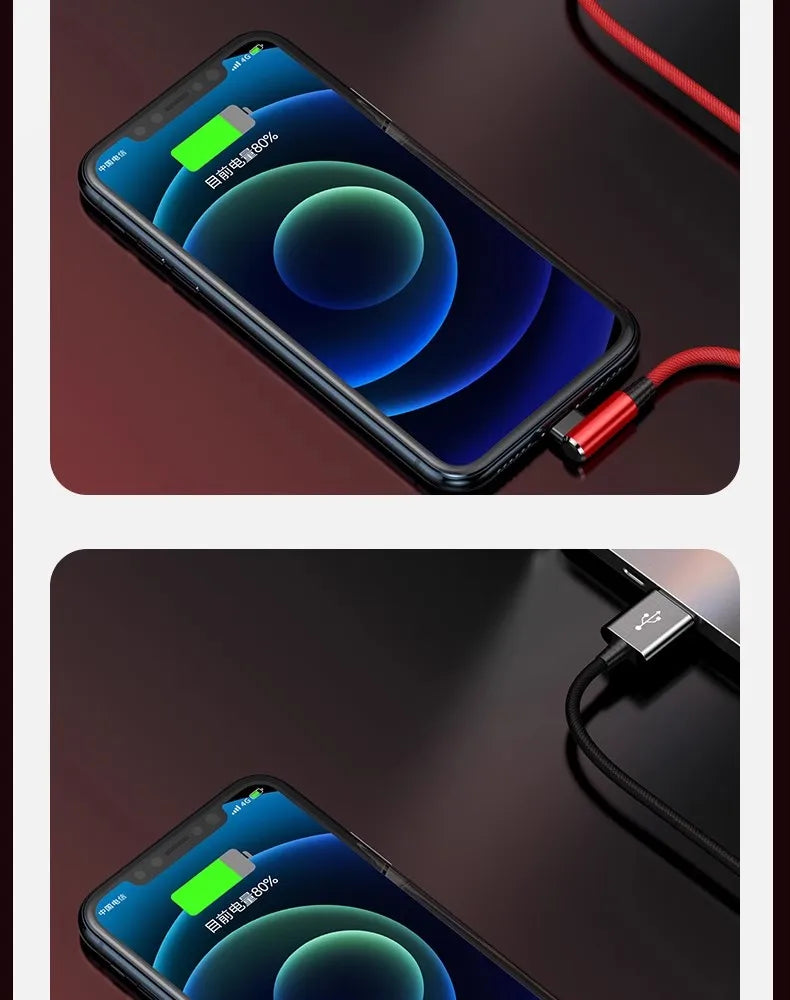 For Gaming Elbow Fast Charger Cable for iPhone 14 8 7 6S Plus 13 12 mini 11 Pro XS Max XR X 90 Degree Braided USB Charging Cable.