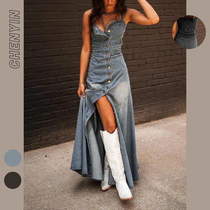 Europa und die Vereinigten Staaten Retro Wash Do Old Denim Neckholder Slim Single-Breasted Big Swing Kleid für Damen Sommer Vestidos.