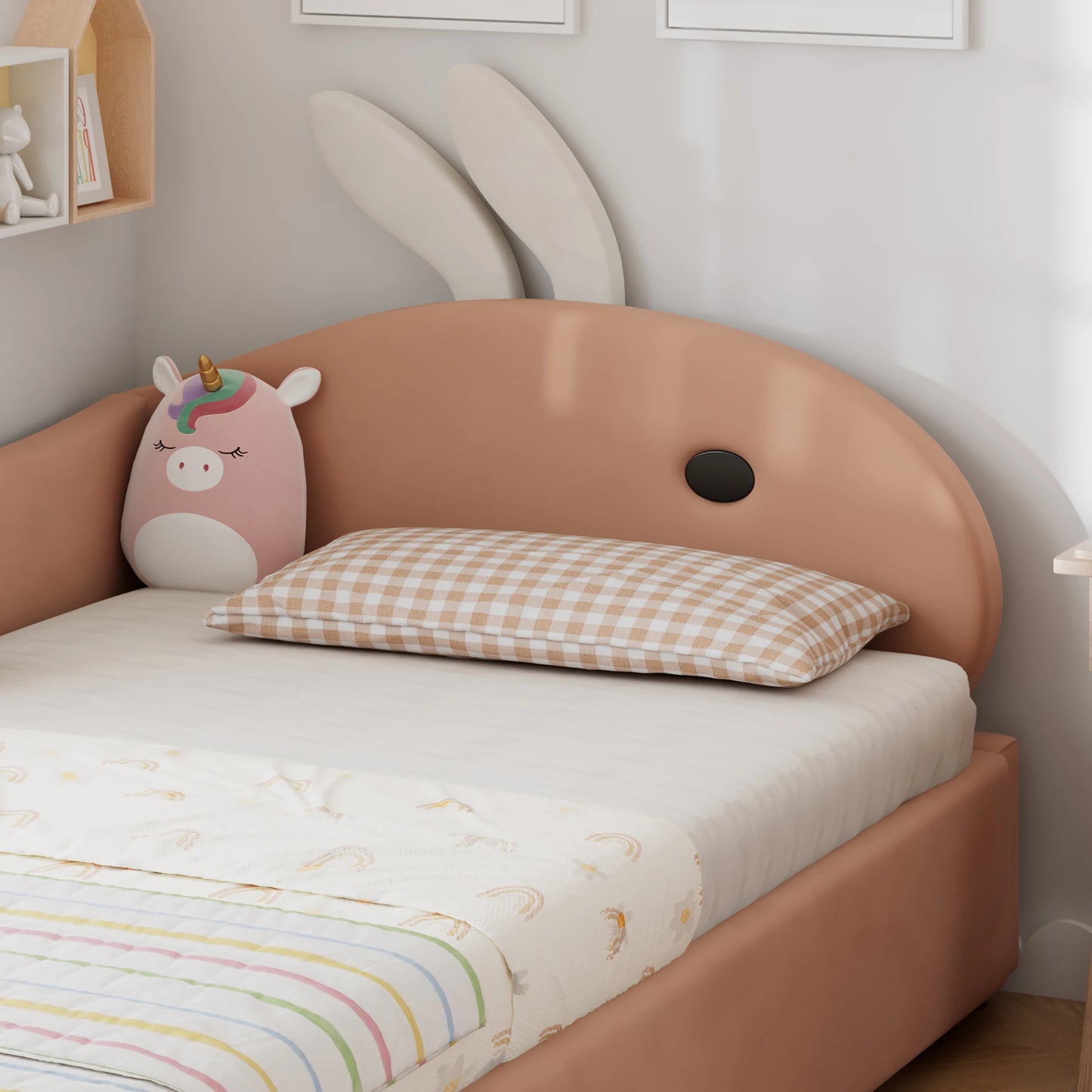 Polsterbett, Einzelbett, Babybett, niedlicher Hasenkopf, hydraulisches Bett mit Stauraum, erhöhter weicher Zaun, Samt, rosa + weiß, 90 x 200 cm