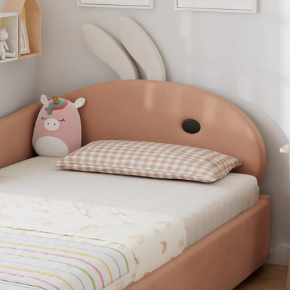 Polsterbett, Einzelbett, Babybett, niedlicher Hasenkopf, hydraulisches Bett mit Stauraum, erhöhter weicher Zaun, Samt, rosa + weiß, 90 x 200 cm