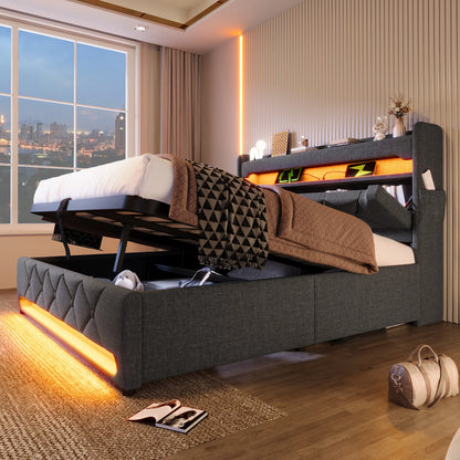 KOMHTOM Doppelbett Leinen, mit USB und Typ C-Port, 360-Surround-LED-Funktion, Hydraulischer Stauraum, ohne Matratze