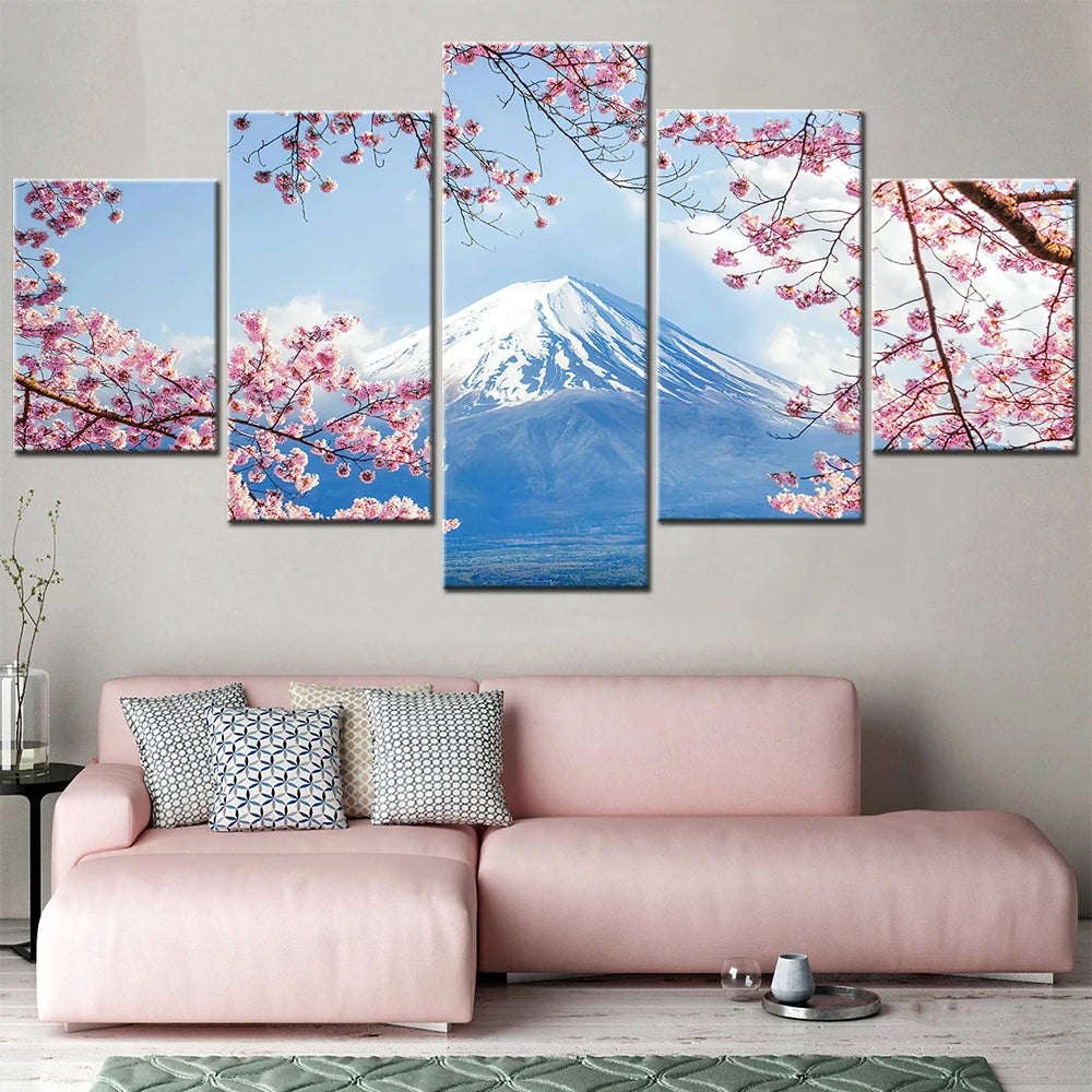 Mount Fuji Snow Peak Cherry Blossoms 5 Panel Wall Art Canvas Print Picture for Room Decor Painting Home Decoration Accessories.