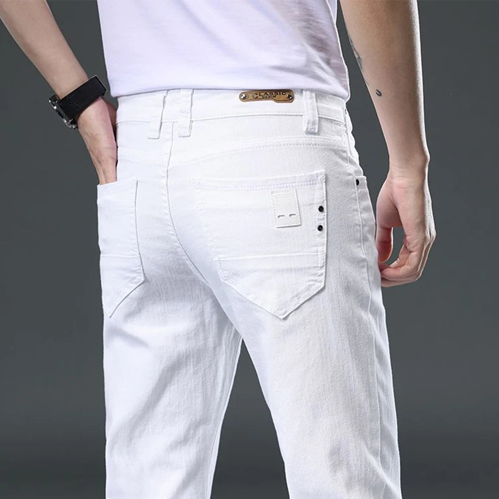 2025 Autumn Men's White Slim Fit Straight Jeans Casual Stretch Denim Pants Comfortable Fashion Streetwear Male Brand Clothing.