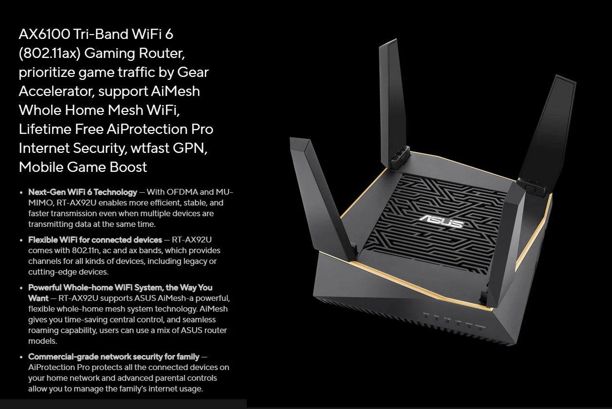 ASUS RT-AX92U AX6100 Tri-Band WiFi 6 802.11AX Gaming Router 6100Mbps MU-MIMO & OFDMA AiMesh Whole Home Mesh WiFi GPN Mobile Game.