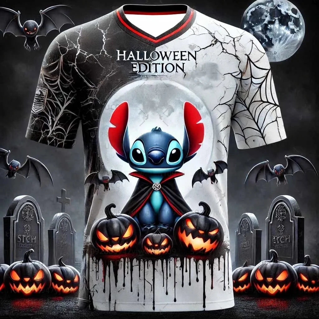 Disney Women's Men's Sports Jersey Halloween Stitch Print Short Sleeve Summer Graphic Tee Children Cartoon Size Sport T-Shirt.