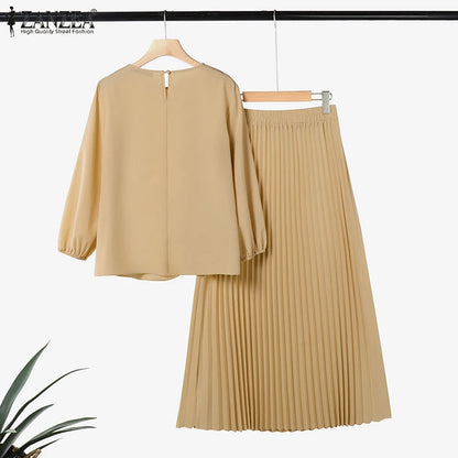 2025 ZANZEA 2PCS Autumn Outfits Casual Long Sleeve Tops Dress Suit Elegant Women 2 Piece Sets Muslim Tracksuits OL Matching Sets.