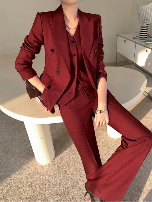Burgundy Suit Set Women Spring 2023 Office Ladies Lapel Single Breasted Vest Wide Leg Pants Blazer Three Piece Set.