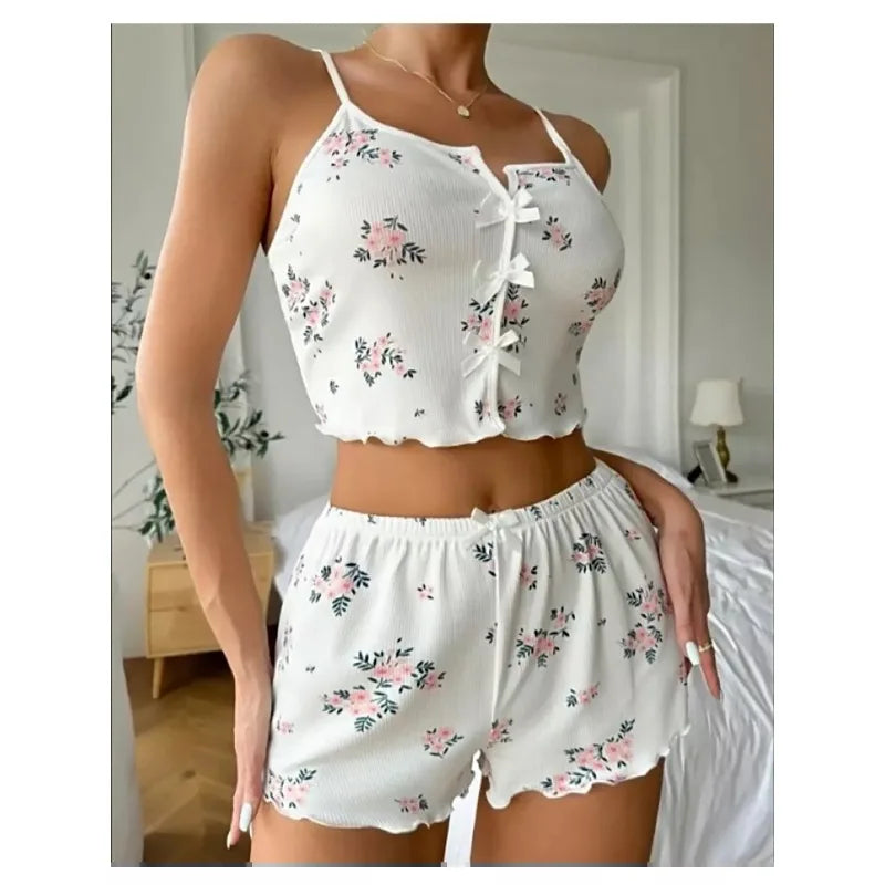 Damen Sexy Pyjamas Herz Wimpern Bedrucktes Pyjama Set V-Ausschnitt Camisole Top Shorts Loungewear