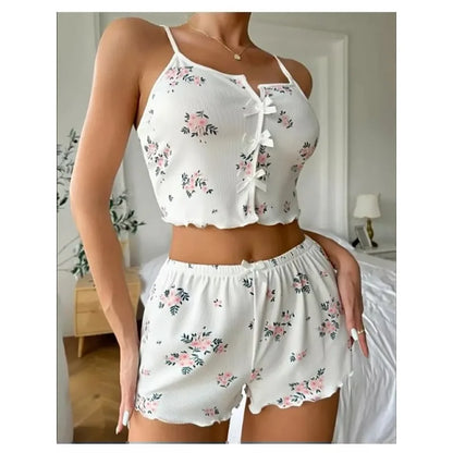 Damen Sexy Pyjamas Herz Wimpern Bedrucktes Pyjama Set V-Ausschnitt Camisole Top Shorts Loungewear