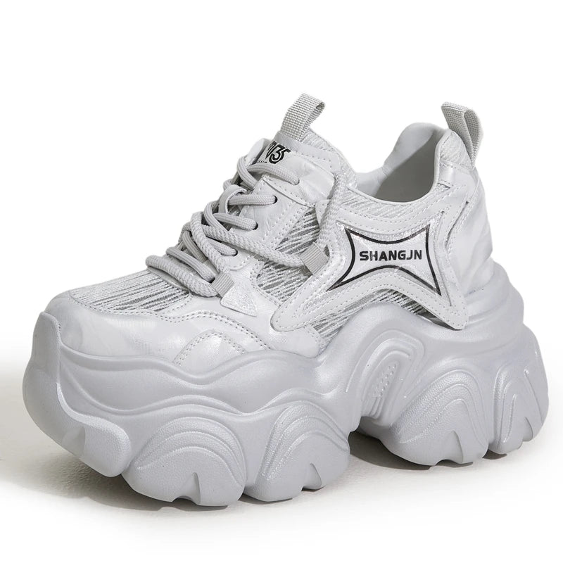 AUTUSPIN 10cm Pink Thick Soled Shoes for Summer Women Breathable Lace-up Ladies Sneakers Outdoor Casual Fashion Platform Shoes.