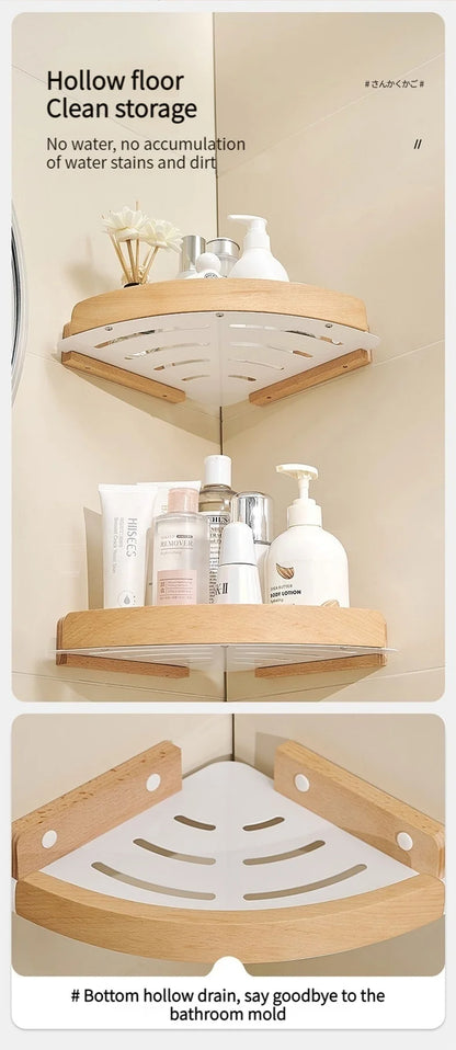 Badezimmer-Aufbewahrungsregal aus Holz und Aluminium, Aufbewahrungsregal für Badezimmer, perforationsfrei, Wandbehang, Waschtisch, WC, dreieckiges Eckregal