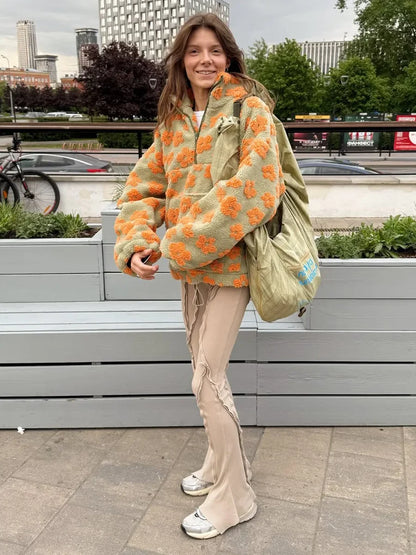 Sumuyoo Autumn Winter Women's Sherpa Floral Pullover Hoodies Half Zip Style Loose Fit Warm Stylish New Sweatshirt.