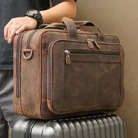 Vintage verrückte Pferd Echt leder Männer Aktentasche große Business-Tasche Einkaufstasche 15.6 "Laptop-Tasche Attache männliche Umhängetasche.