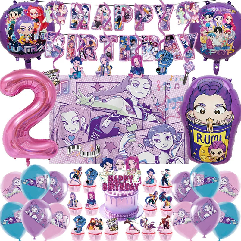 K Pop Dämonenjäger Party Ballon Kind Mädchen Alles Gute zum Geburtstag Party Dekoration Set 1-9. Nummer Ballon Banner Hintergrund Babyparty.