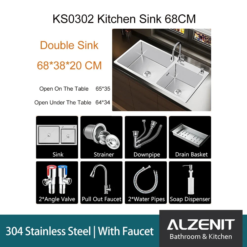 304 Stainless Steel Kitchen Sink Above Counter Undermounter Silver Double Farmhouse Wash Basin with Gourmet Faucet Drainage