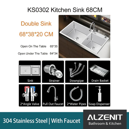 304 Stainless Steel Kitchen Sink Above Counter Undermounter Silver Double Farmhouse Wash Basin with Gourmet Faucet Drainage
