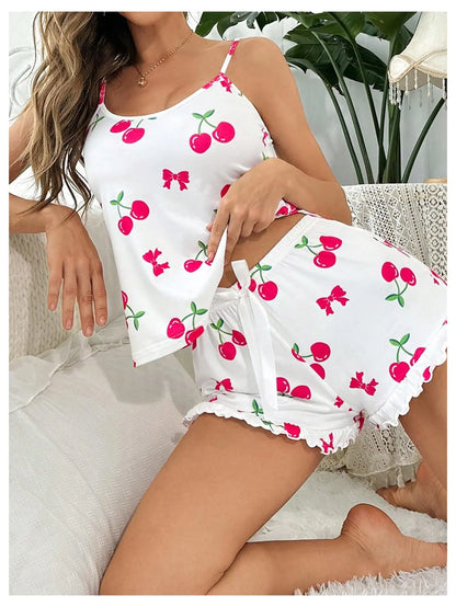 Sommer Neue frauen Pyjama Set Atmungsaktive Weiche Casual Print Cami Top und Rüschen Shorts Sweet Home Strap Shorts Pyjamas ﻿.