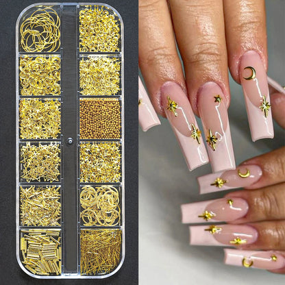 12Grids Moon Star Nails Gold Metallic Nail Sequins Charms 3D Nail Art Tips Decoration  3D Metal Moon Star Sun Bead Rivet Nail Je