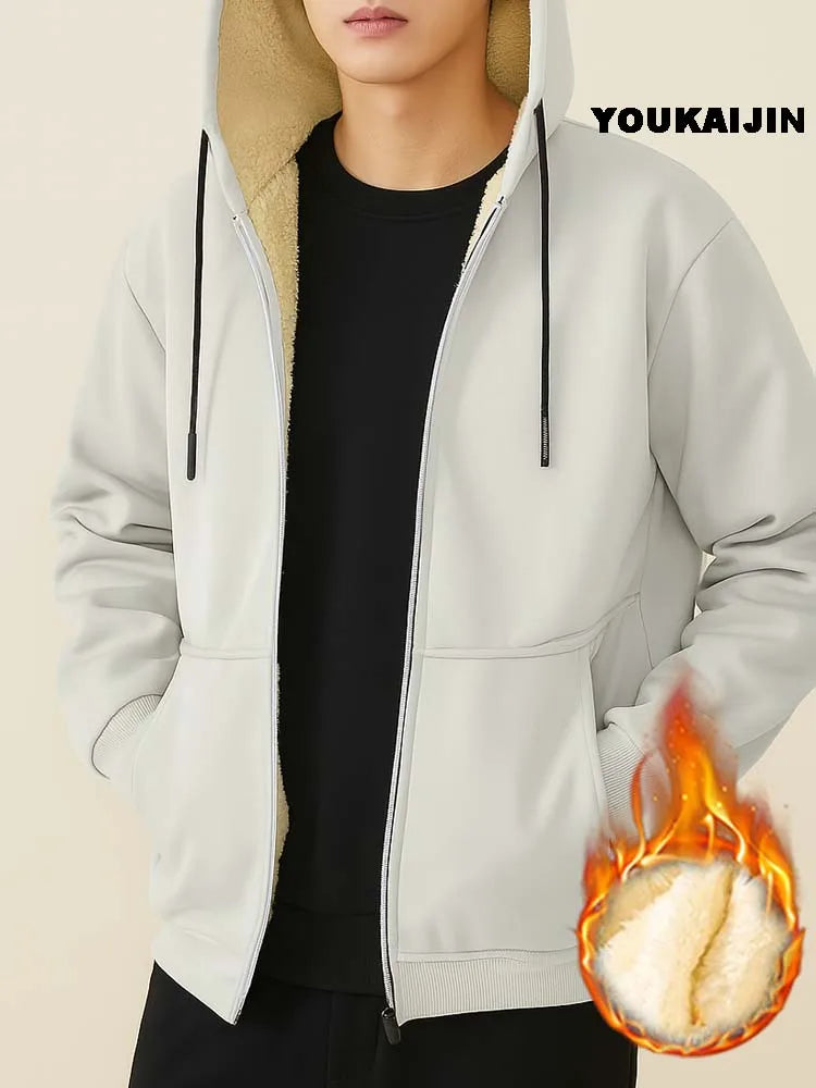 Men's Warm Fleece Hoodie Autumn Winter Sherpa Lined Full-Zip Solid Color Sweatshirt Jacket Coat