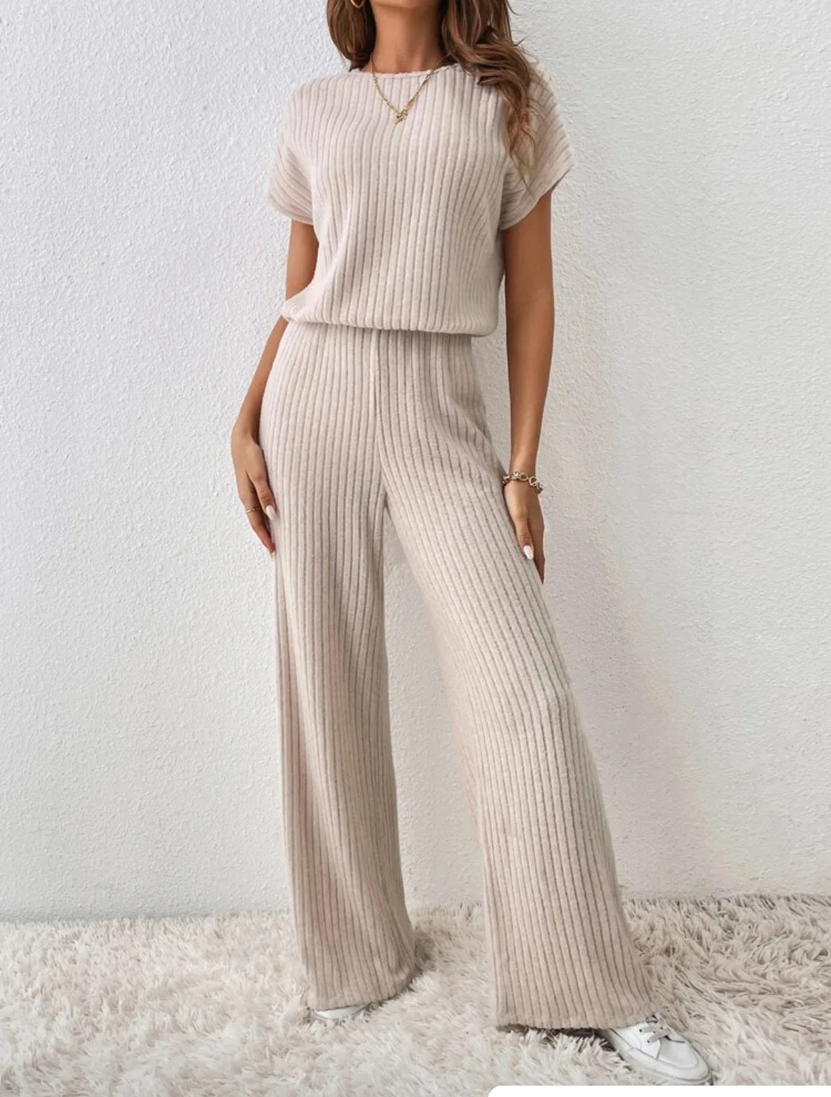 Two Piece Pant Sets Women Straight Pants Tops Pullover Short Sleeve Round Neck Spliced Top Solid Casual Streetwear Summer