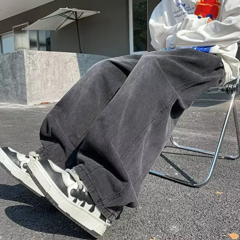 2024 New Trendy Wide-Leg Jeans Men's Loose-Fit Straight-Leg Casual Long Pants Vintage Washing Distressed Style.