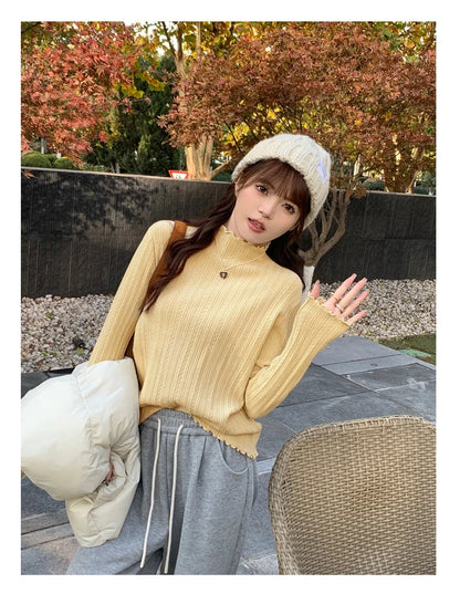 2025 Korea Geraffte Rollkragen Frauen Pullover Herbst Winter Warme Pullover Schlank Tops Gestrickte Pullover Jumper Weiche Pull Weibliche.