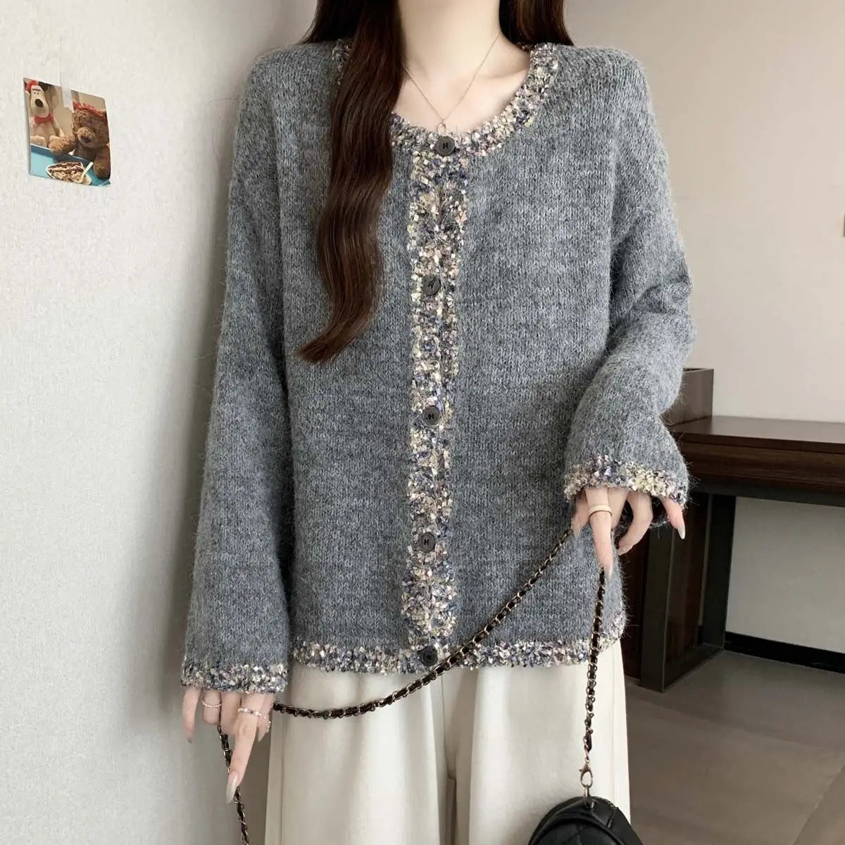 Pailletten-Strickjacke für Damen, Herbst und Winter, lockeres Schlankheitsoberteil