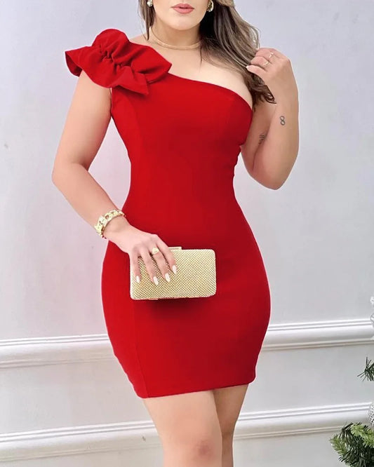 Sommer Mode Rot Applikationen Frauen Mini Party Kleid Bodycon Elegante Rüschen Sexy Eine Schulter Geburtstag Abend Club Outfits