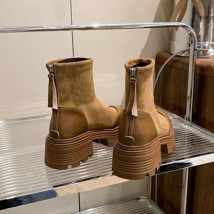 Vintage Platform Splicing Woman Ankle Boots Design Back Zippers Thick Sole Shoes  2025 Autumn Winter Short Botas Para Mujer.