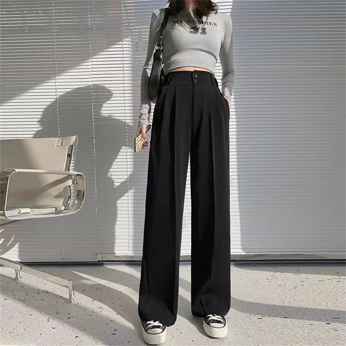 Fashion High Waist Wide Leg Pants Women Spring Fall Baggy Black Trouser Office Ladies Full Length Straight Suit Pant Outwear New.