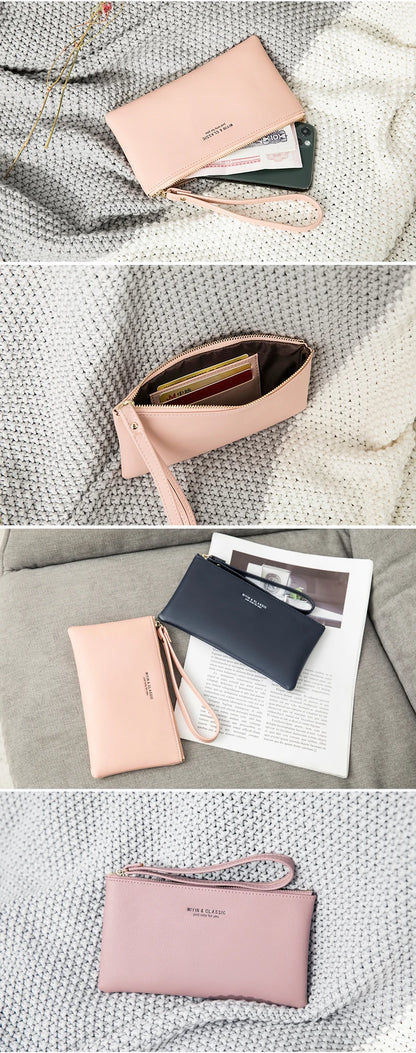 Simple Solid Color Thin Long Wallet PU Leather Large Capacity Zipper Wallet Classic Fashion Womens Handbag Can Hold Mobile Phone.