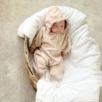 2024 Baby Kapuze Reiß verschluss Bodysuit Neugeborene Jungen und Mädchen Bergsteiger Anzug einfarbig Bodysuit Long Fit Sport Kletter anzug