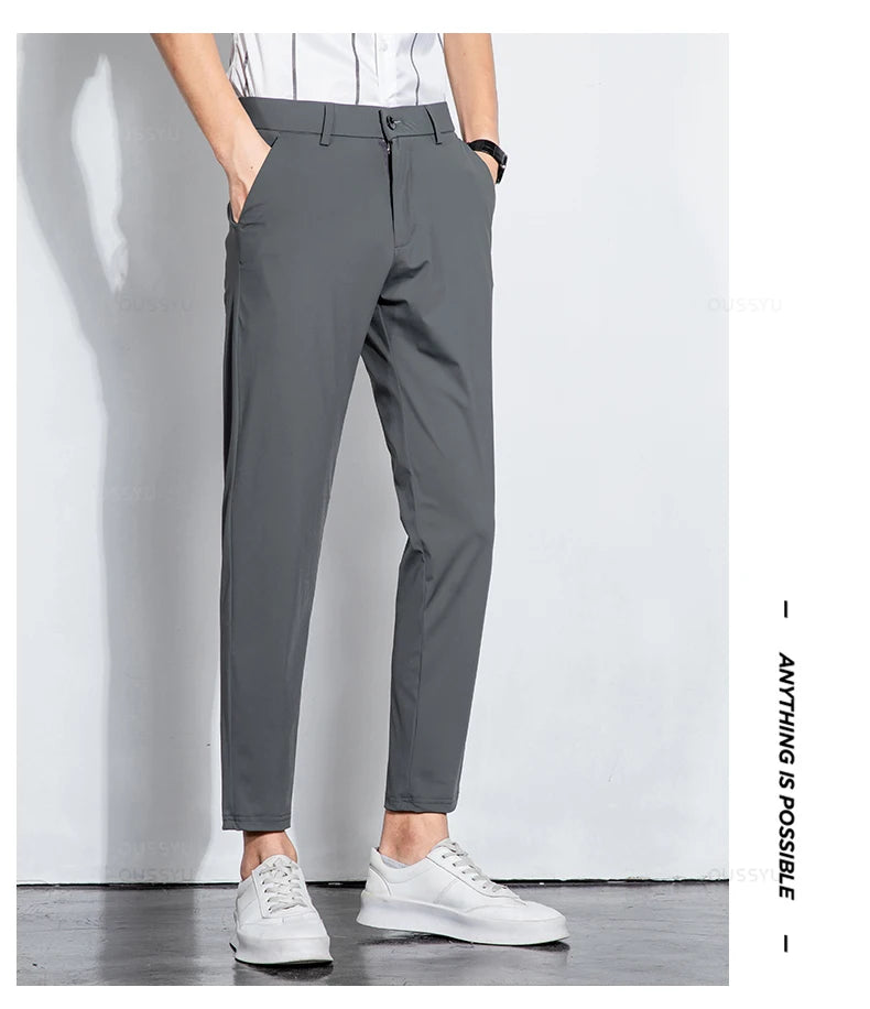 Summer Stretch Suit Pants Men Thin Business Solid Color Slim Ankle-Length Casual Formal Office Trousers Male Plus Size 28-38.