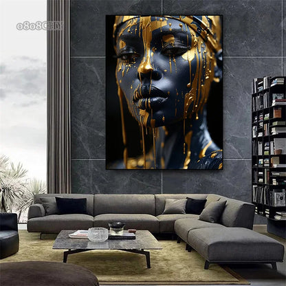 Golden Radiant African Beauty Art Posters Print Canvas Painting Modern Fashion Portrait Wall Art Mural for Liivng Room Decor.