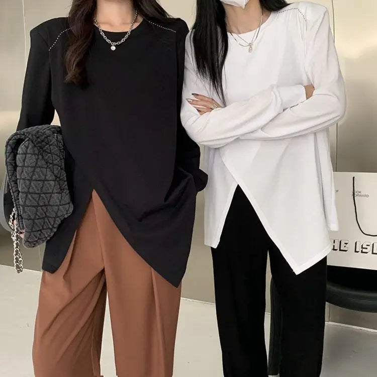 Long Sleeve Slit Hem Loose Lazy Style Tops Spring Autumn Solid Simplicity Street Casual T Shirts Fashion Korean Women Clothing.