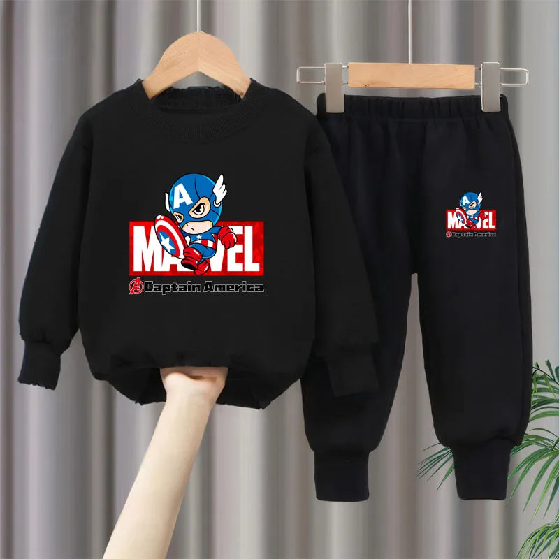 Marvel Spring/autumn Children's Clothing  Sets Captain America Boys O Neck Hoodies Pants Two Piece Casual Pullover Set for Kids.