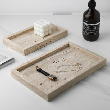 Minimalism Marble Tray for Perfume Candles Jewelry Travertine Stone Vanity Tray for Dresser Countertop Coffee Table Serving.