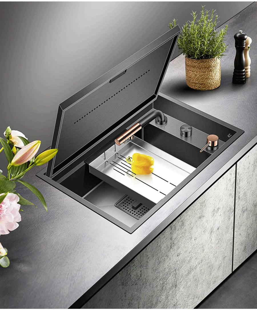 Nanometer Black Hidden kitchen Sink SUS 304 Stainless Steel 4mm Thickness Flip Cover Hidden Handmade kitchen Sinks