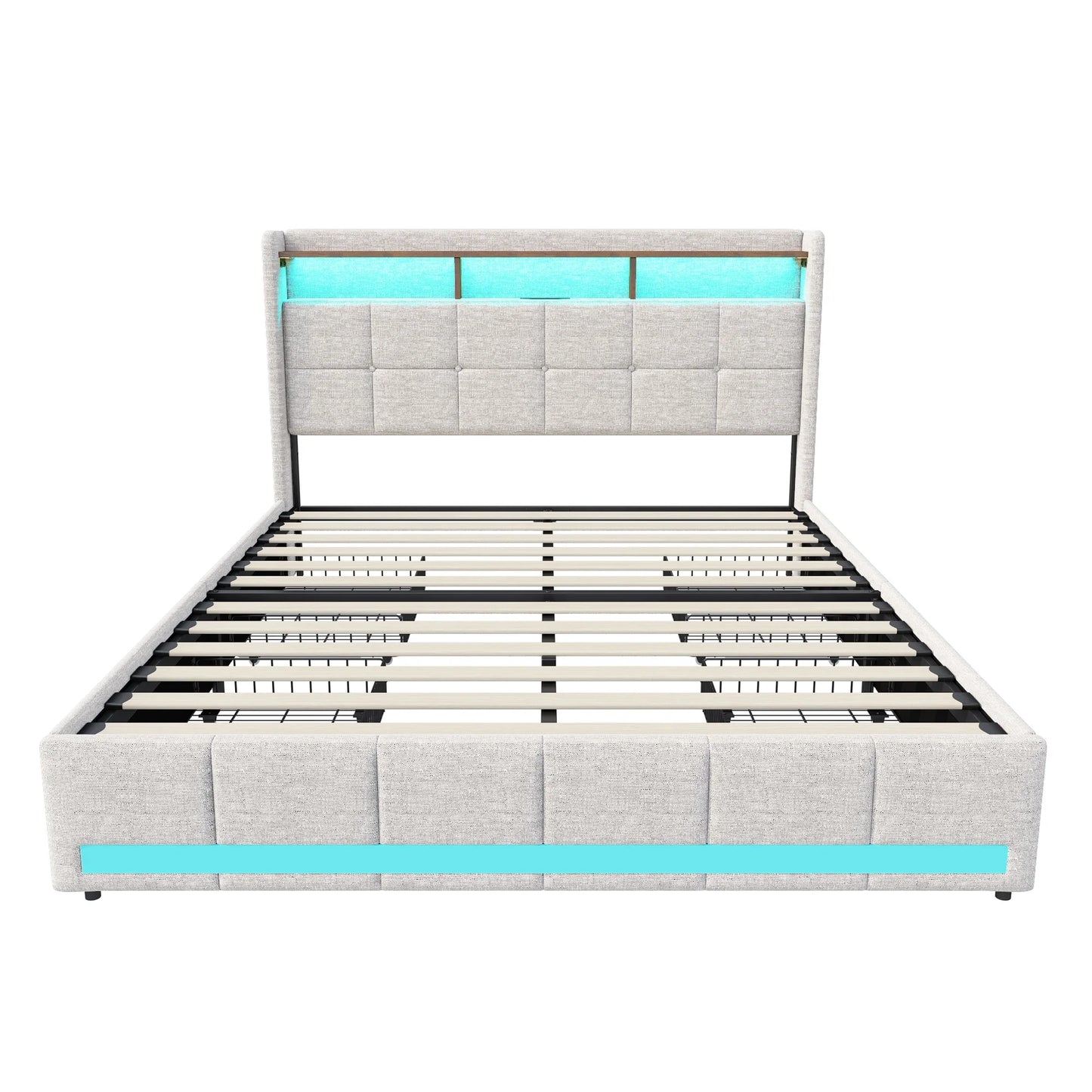 Lazyspace Bettgestell aus Leinen mit Stauraum, gepolstertes Bett mit 4 Schubladen, LED-Licht und USB-Aufladung vom Typ C, Schlafzimmermöbel