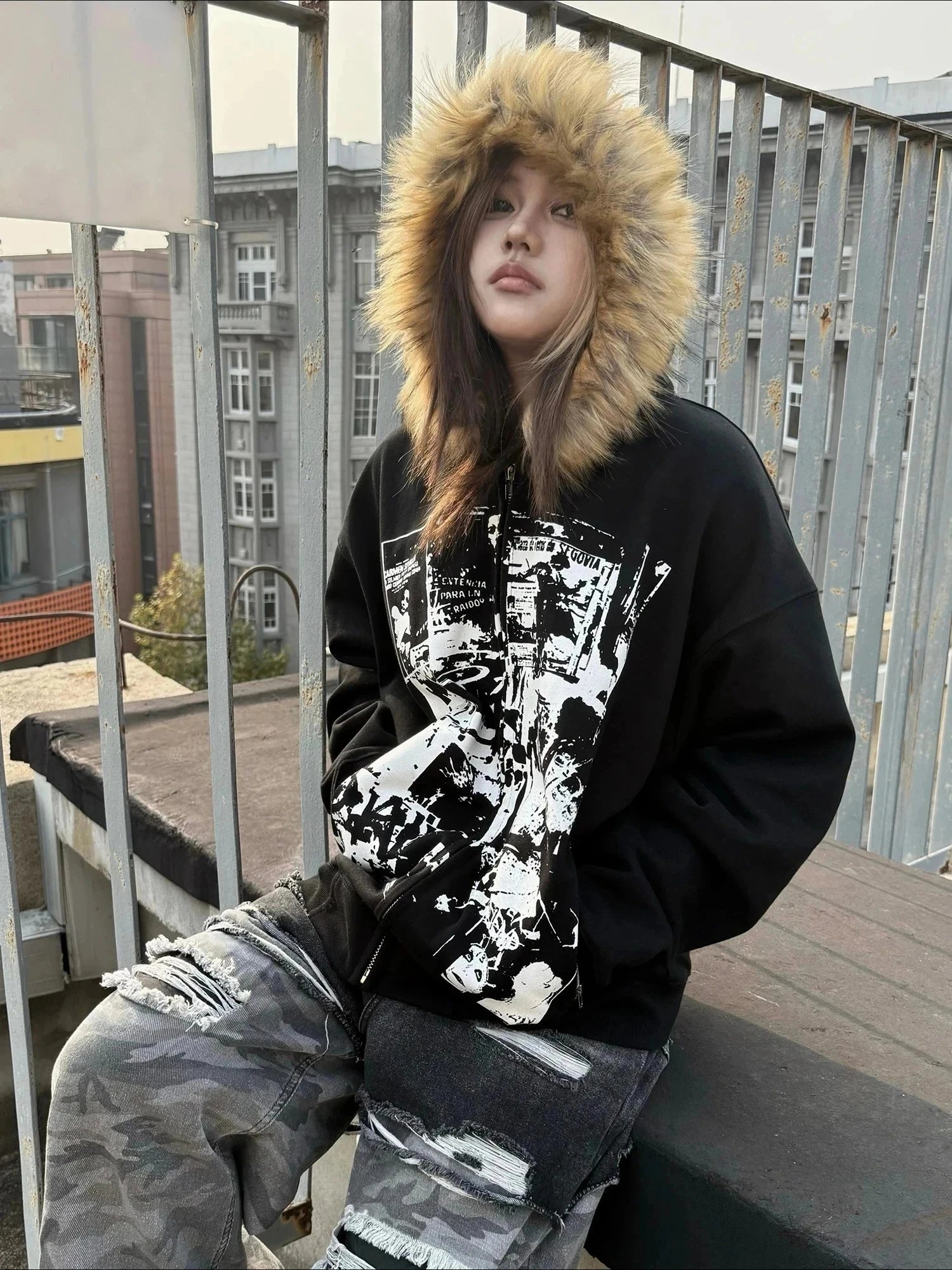 Korean Fashion Sweatshirts Harajuku Gothic Printed Coats Jackets Subculture Vintage Faux Fur Hooded Women Casual Y2k Clothing.