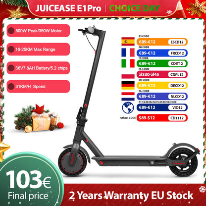 JUICEASE E1 Pro Electric Scooter 350W Motor 500W Peak Power Folding Electric Kick Scooter 36V7.8AH 5.2 Chips 25KM Range EScooter.