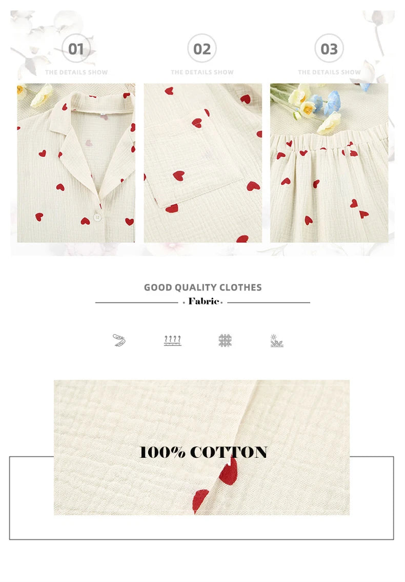 Sommer Neue Liebe Herz Druck Pyjama 100% Baumwolle Langarm Set 2Pcs Outfit Revers Nachtwäsche Taste Unten frauen pyjamas Nachtwäsche.