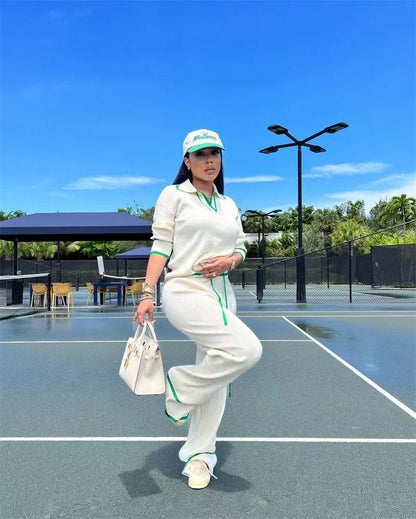 Active Wear Gestrickter lässiger Trainingsanzug für Damen, zweiteiliges Set, sportliches Fitness-gestreiftes Pullover-Oberteil und Hose mit weitem Bein, Jogging-Femme