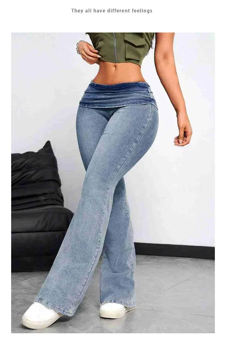 Sexy Peach Hip Jeans Women's Tight Elastic Trousers Slimming Booty Lifting High-Waisted Micro Bell Bottom Pants.