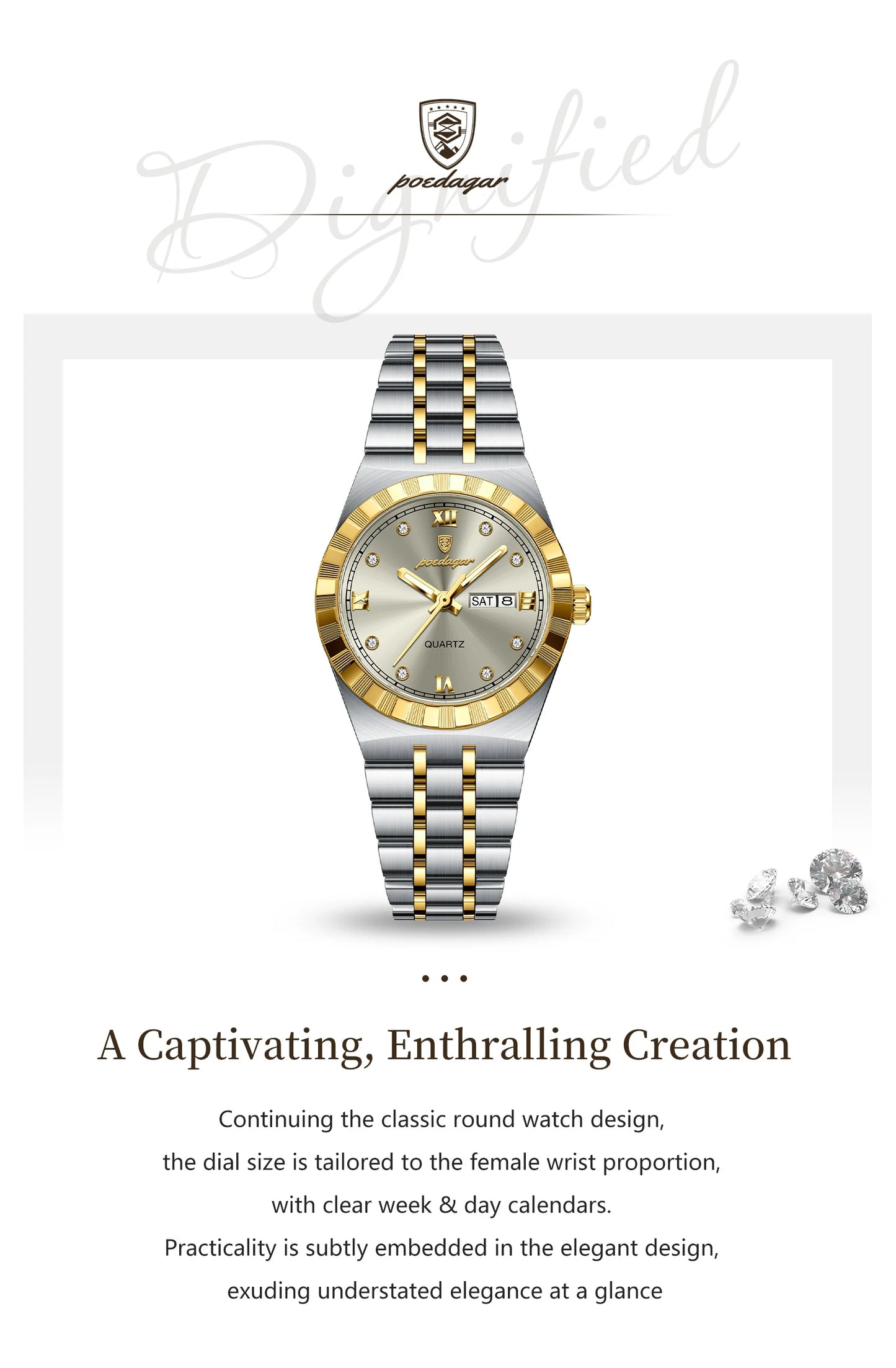 POEDAGAR Luxury Original Ladies Watch Luminous Waterproof Week Date Woman Wristwatch Stainless Steel Women Quartz Watches Female.