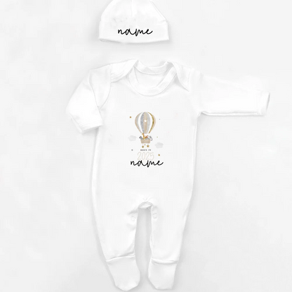 Personalisierter Schlafanzug, neues Baby-Geschenk, Safari-Babygrow, geboren im Jahr 2025, Geschenk zum Ausgehen, Outfit, individueller Baby-Strampler und Mütze