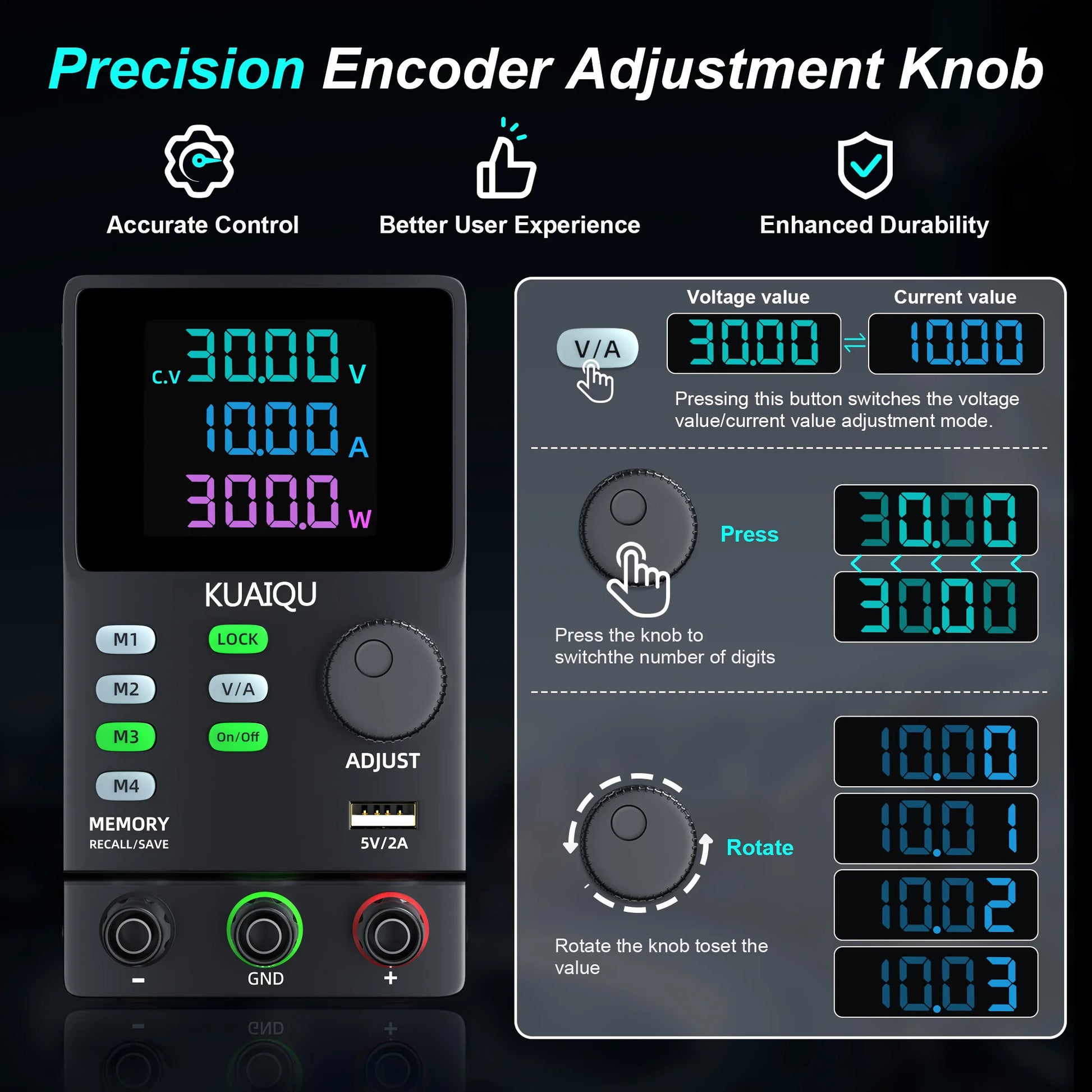 KUAIQU 200V 300V 1A DC Power Supply, 30V Programmable Adjustable Regulated Lab Bench Power Supply with PC Software,Output Switch.
