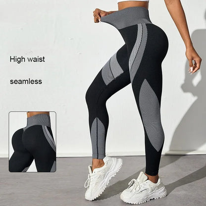 Seamless Breathable High Waisted Contrasting Yoga Pants Women Tight Fitting Hip Lifting Black Long Striped Sports Yoga Leggings