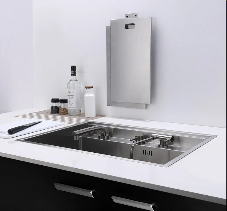 Hidden Stainless Steel Kitchen Sinks Modern Kitchen Accessories with Cover Kitchen Sink Dish Drainer Light Luxury Single Tank L